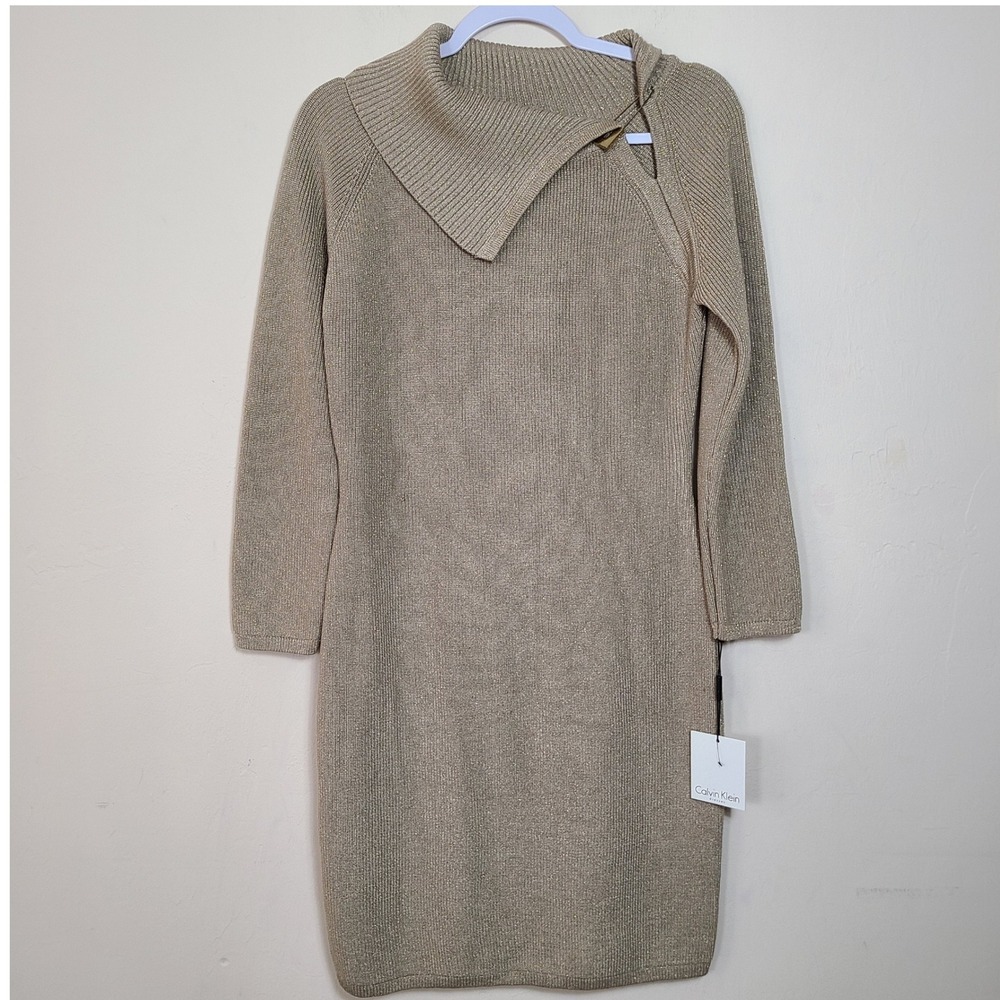 Calvin Klein Gold Pin Ribbed Knit M Sweater Dress Vanilla Lux Winter Baddie NWT‎ - Picture 2 of 10